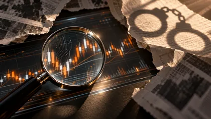 Lupe über einem Trading-Chart, Zeitungsausschnitte und ein Handschellenschatten – Symbolbild zur Prüfung von Cybertrading-Vorwürfen.