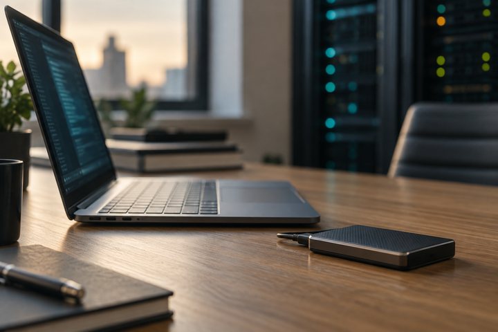 Laptop und externer Datenträger für die digitale Analyse