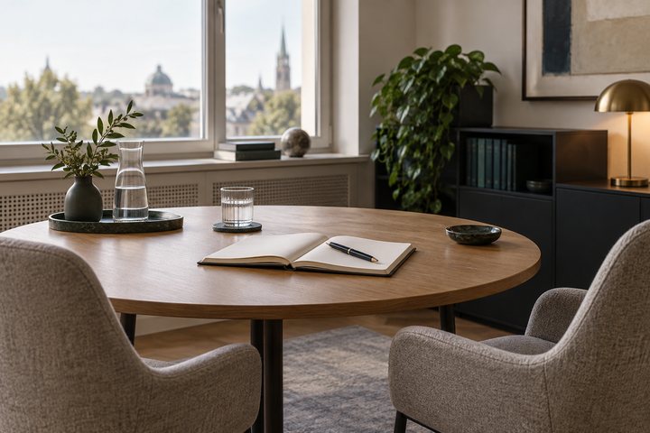 Besprechungstisch mit Notizbuch und zwei Sitzplätzen